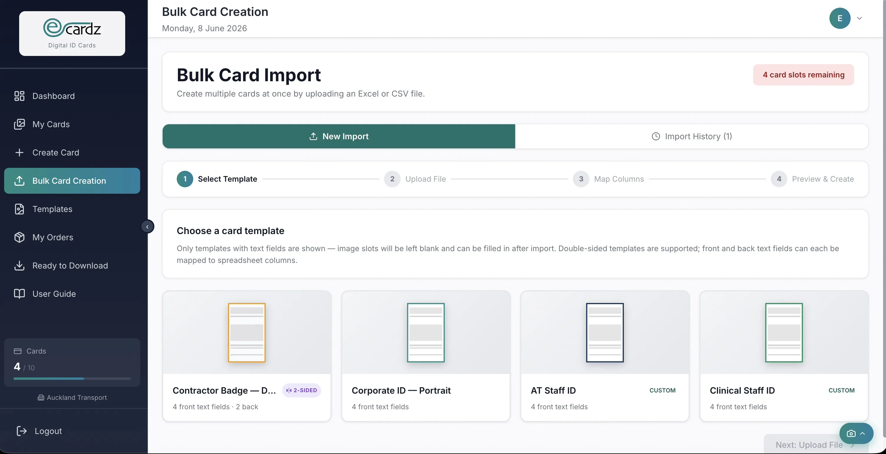 Bulk Card Creation — spreadsheet upload, column mapping, and preview
